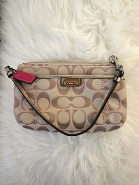 Coach Beige Signature Mini Wristlet with Pink Accent